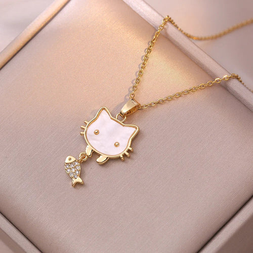 Hello Kitty Cat Necklace Gold Cat Pendant with Fish Charm