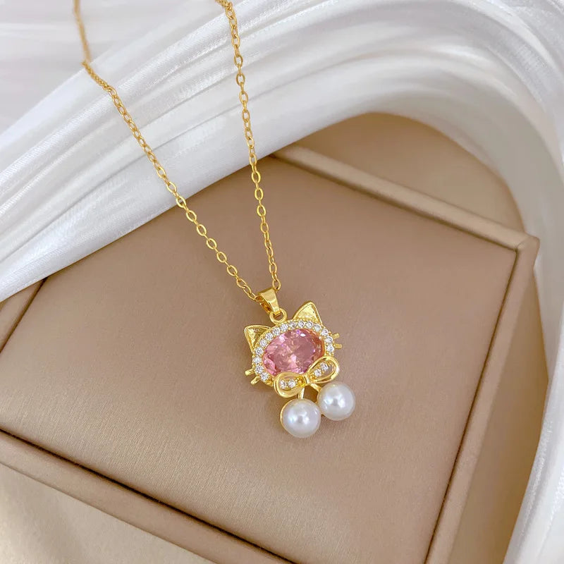 Hello Kitty Cat Choker Necklace Pink Zircon Pearl Pendant