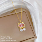 Hello Kitty Cat Choker Necklace Pink Zircon Pearl Pendant