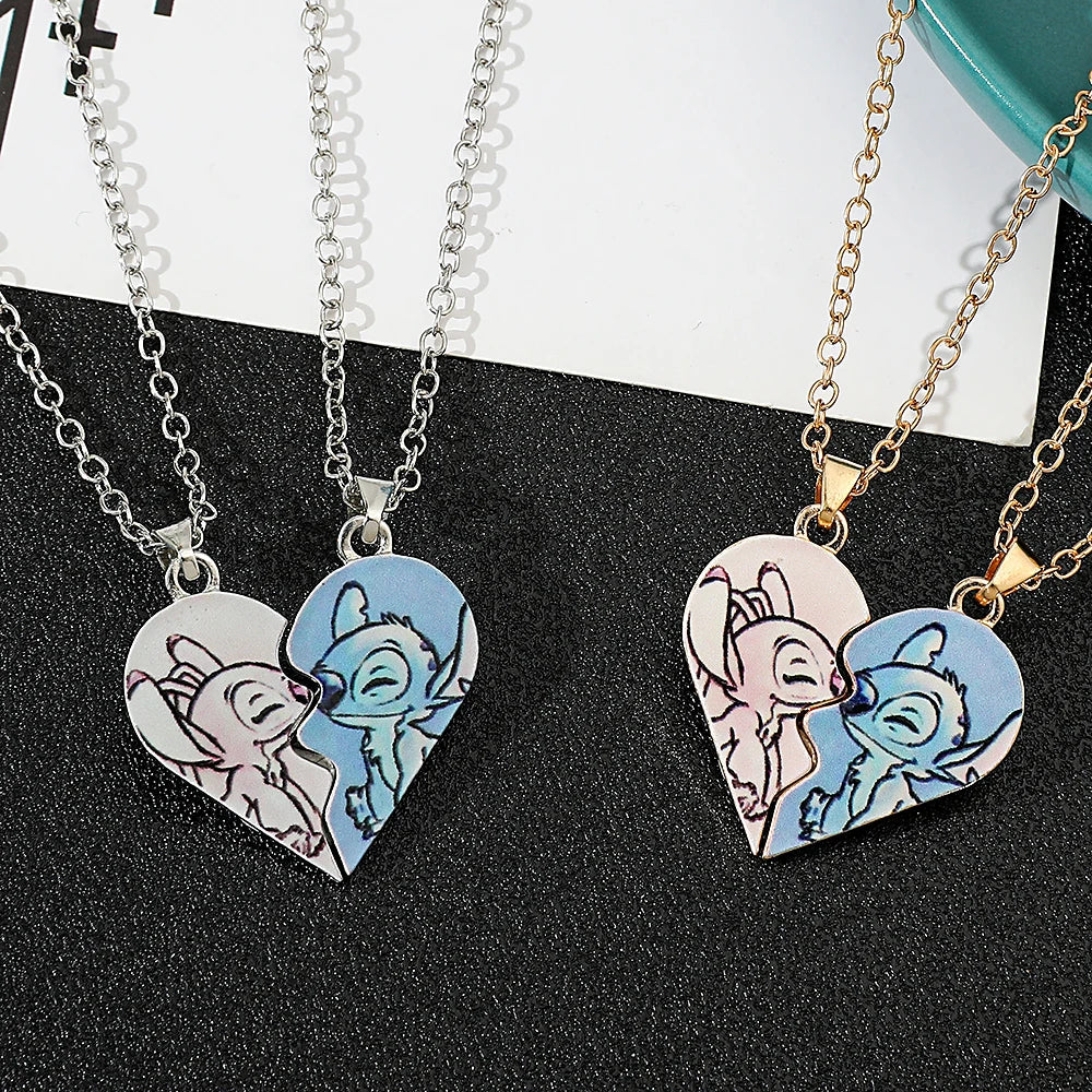 Stitch & Angel Matching Split Heart Necklace Set Cute Couple BFF Jewelry